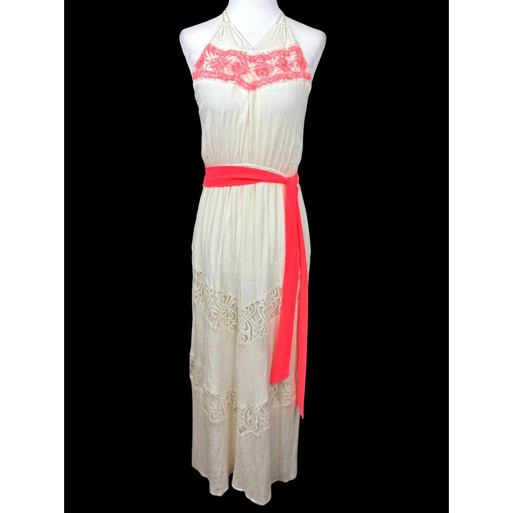 Boho Chic Halter Maxi Dress Coral Ivory Crochet Lace Dainty Hooligan Womens M